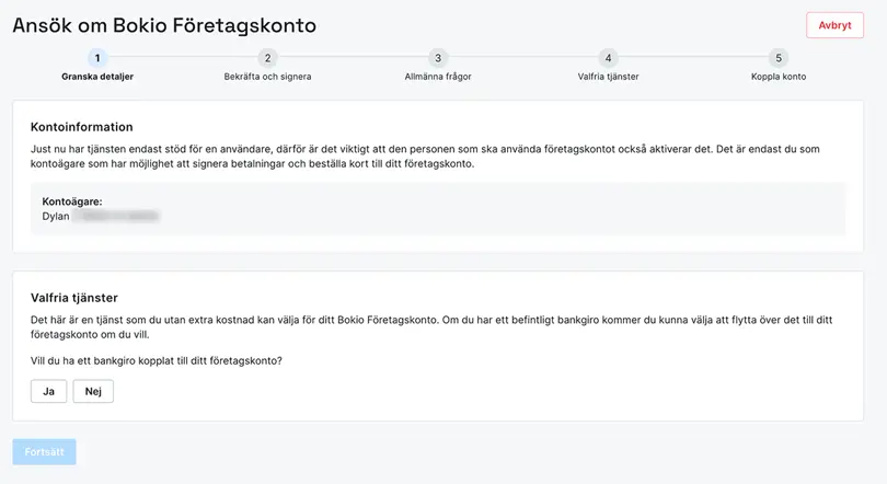 Granska detaljer för att ansöka om företagskonto