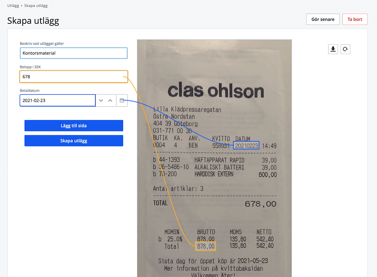 Fyll i uppgifter för utlägg