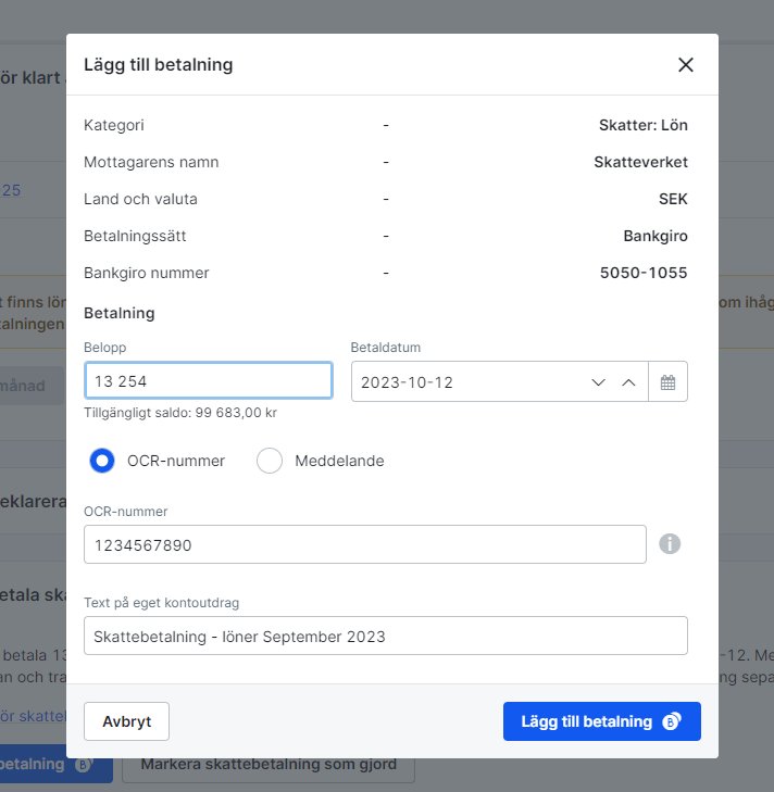 Kontrollera och lägg in betalning för signering