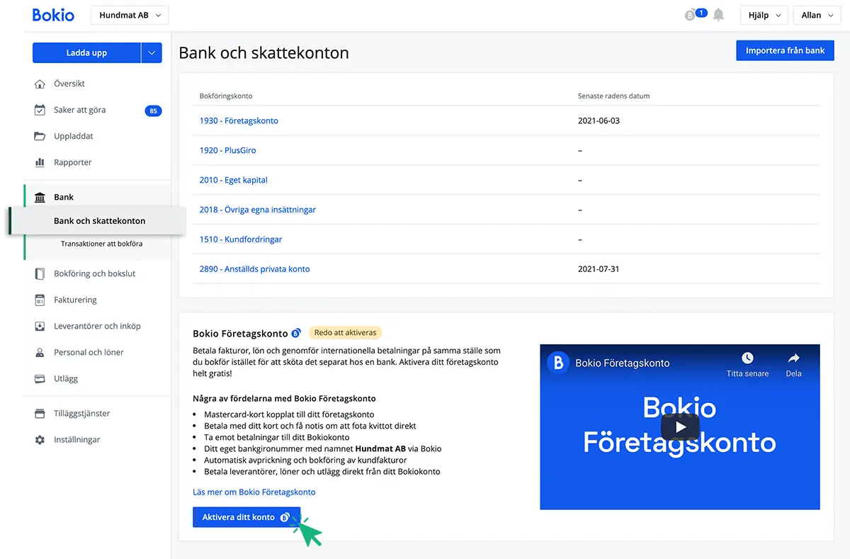 Aktivera Bokio Företagskonto under Bank och skattekonton