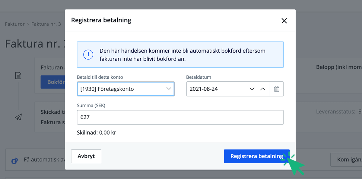 registrera betalning utan att bokföra