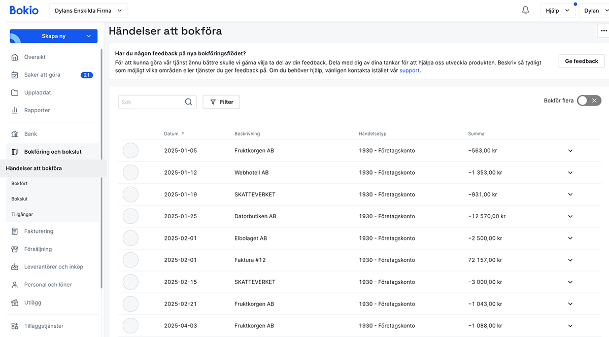Händelser att bokföra