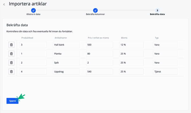 Importera artiklar, Spara