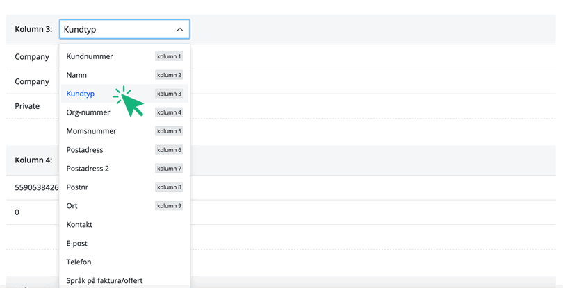 Välj kundtyp om kolumn inte hittas