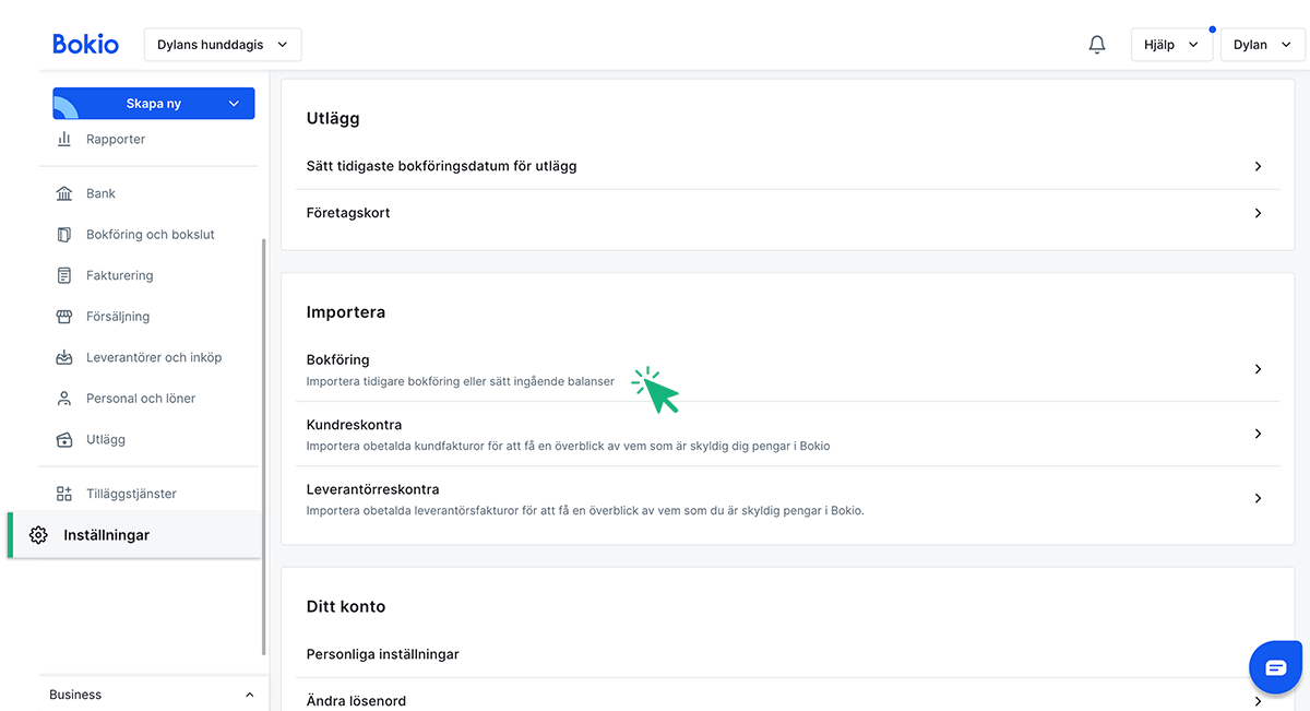 Klicka på Bokföring under rubriken Import