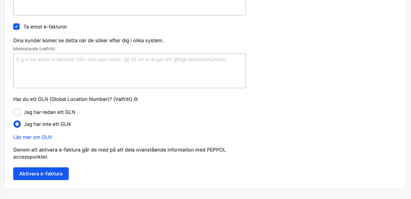 Välj om du har GLN nummer
