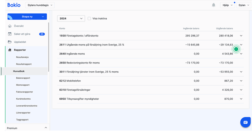 I Huvudboken hittar du samtliga momskonton som använts