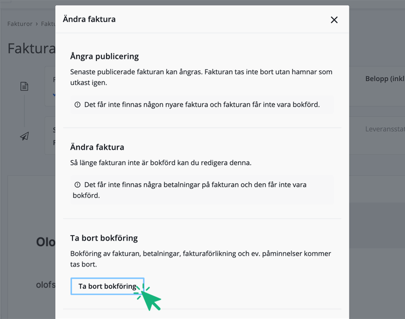 Ta bort bokföring från fakturan