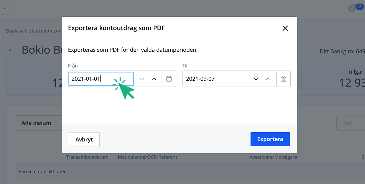 Välj period för export av kontoutdrag
