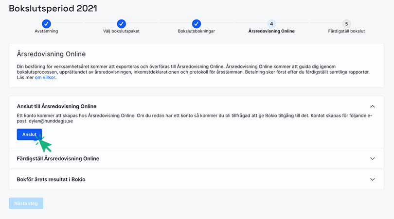 Klicka på Anslut för att fortsätta till Årsredovisning Online