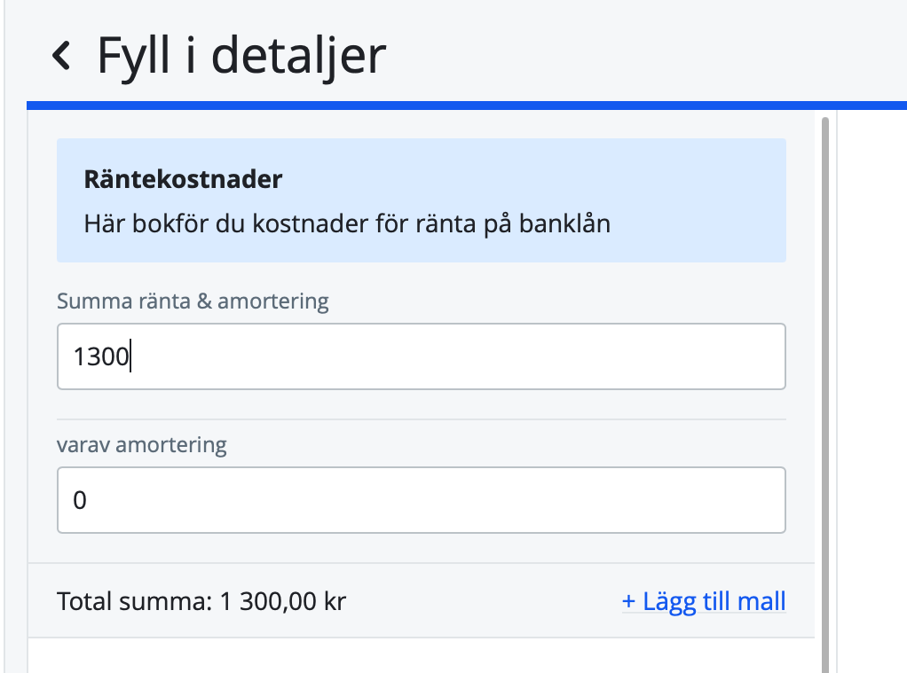 Bokföringsmallen för räntekostnader