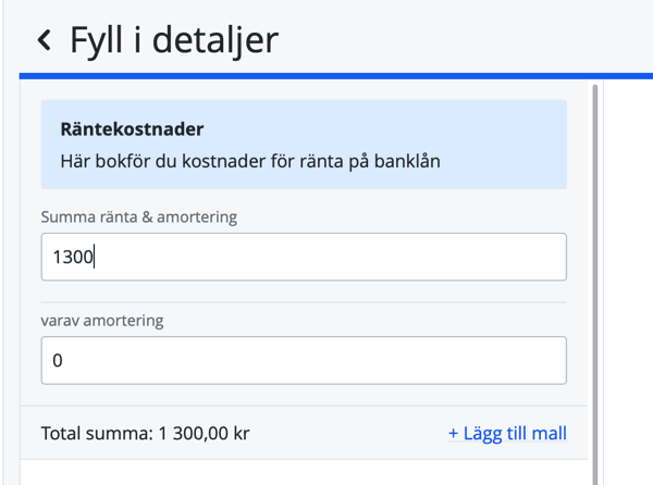 Bokföringsmallen för räntekostnader