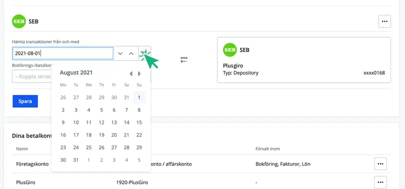 Välj från vilket datum du vill importera transaktioner