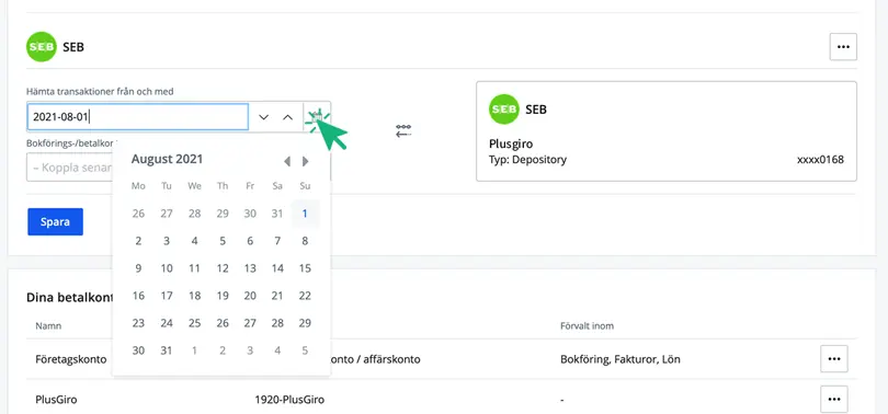 Välj vilket datum du vill importera transaktioner från