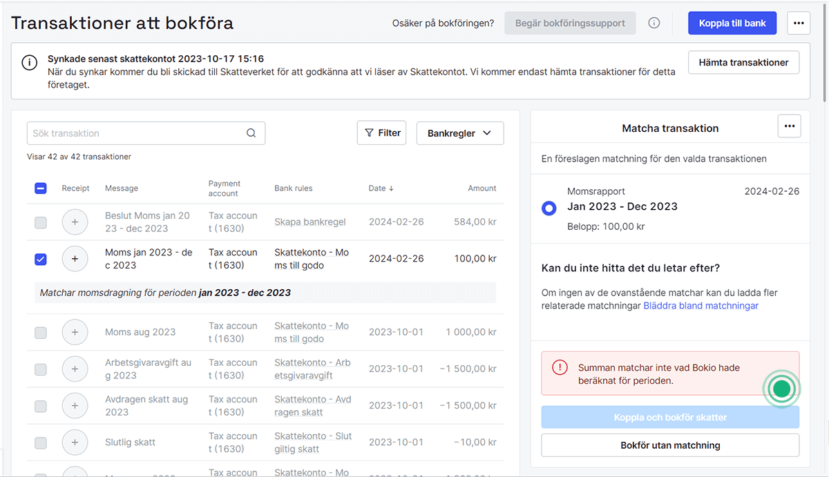Summan matchar inte beloppet i Bokio