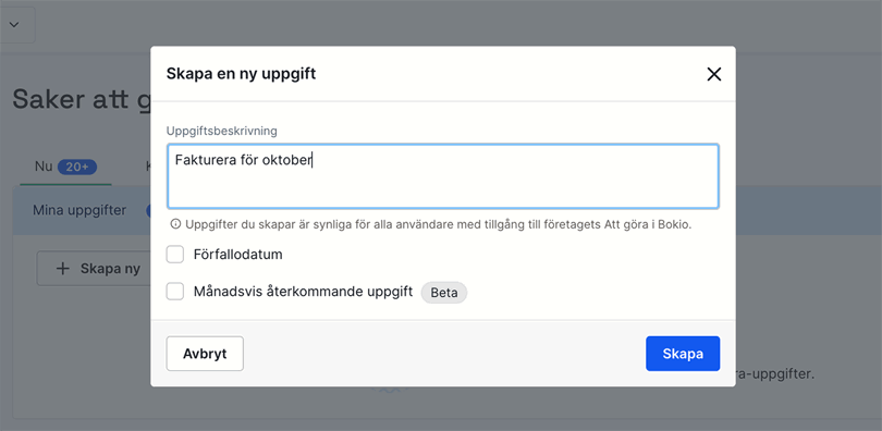 Klicka på Skapa uppgift och fyll i beskrivning