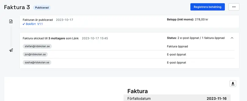 Status på skickad faktura