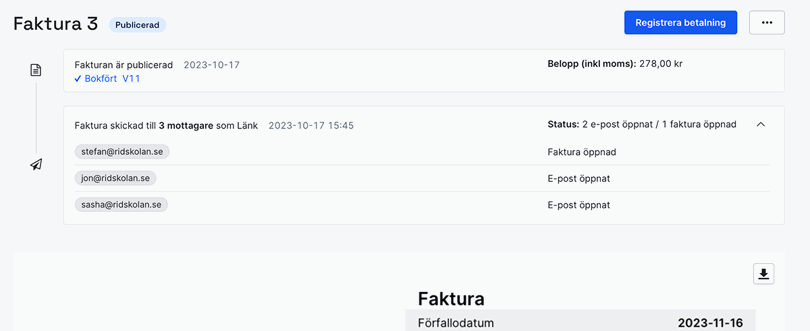 Status på skickad faktura