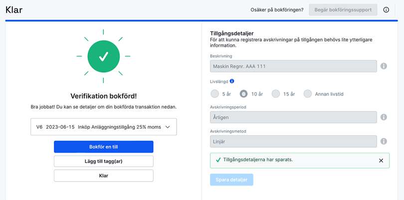 Tillgångsdetaljerna har sparats