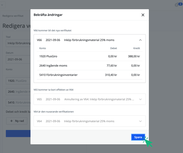 Bekräfta ändringarna av redigerat verifikat