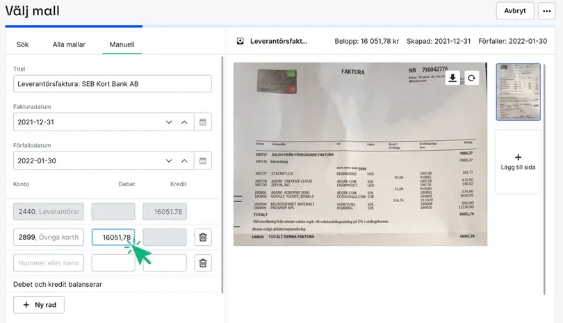 Bokför kreditkortsfaktura manuellt