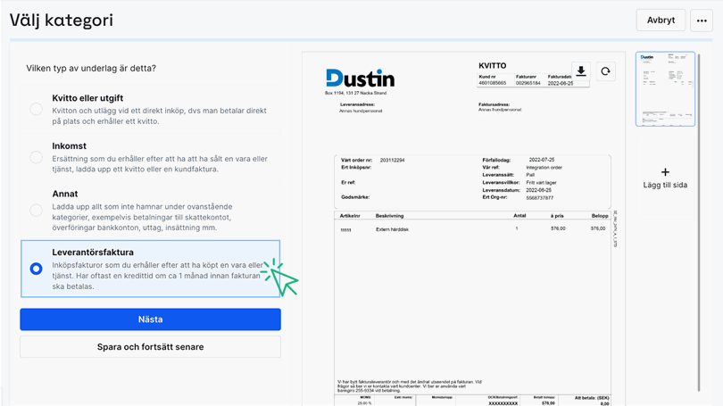 Välj leverantörsfaktura som kategori