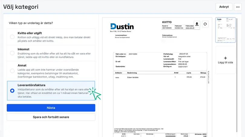 Välj leverantörsfaktura som kategori