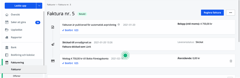 Inbetalning från kund som registrerats automatiskt med Företagskonto i Bokio
