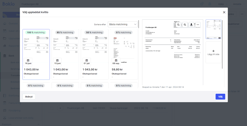 Matchat underlag mot transaktion