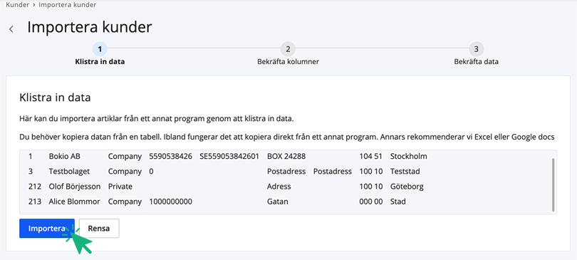 Importera kunder, välj importera