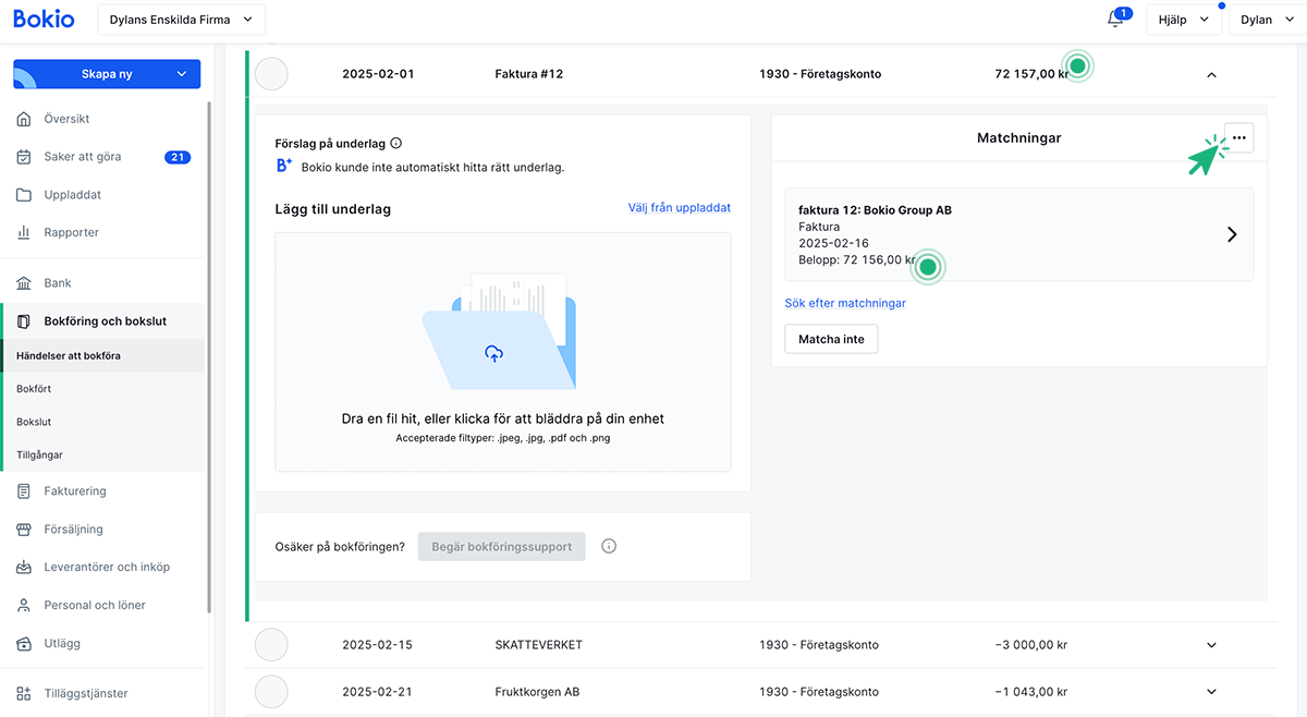 Matcha händelser att bokföra