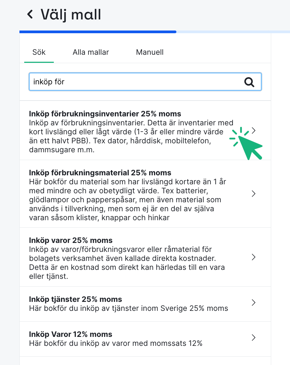 Välj mall för inköpet