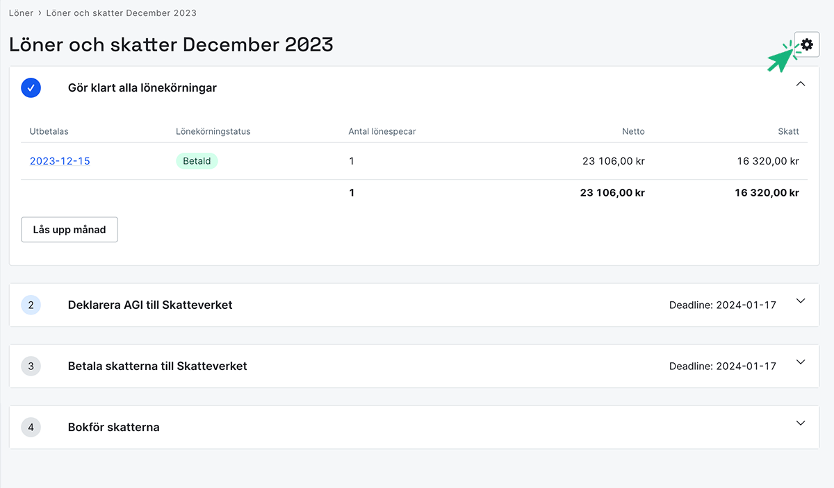 Klicka på kugghjulet för att justera dina sociala avgifter i bokföringen