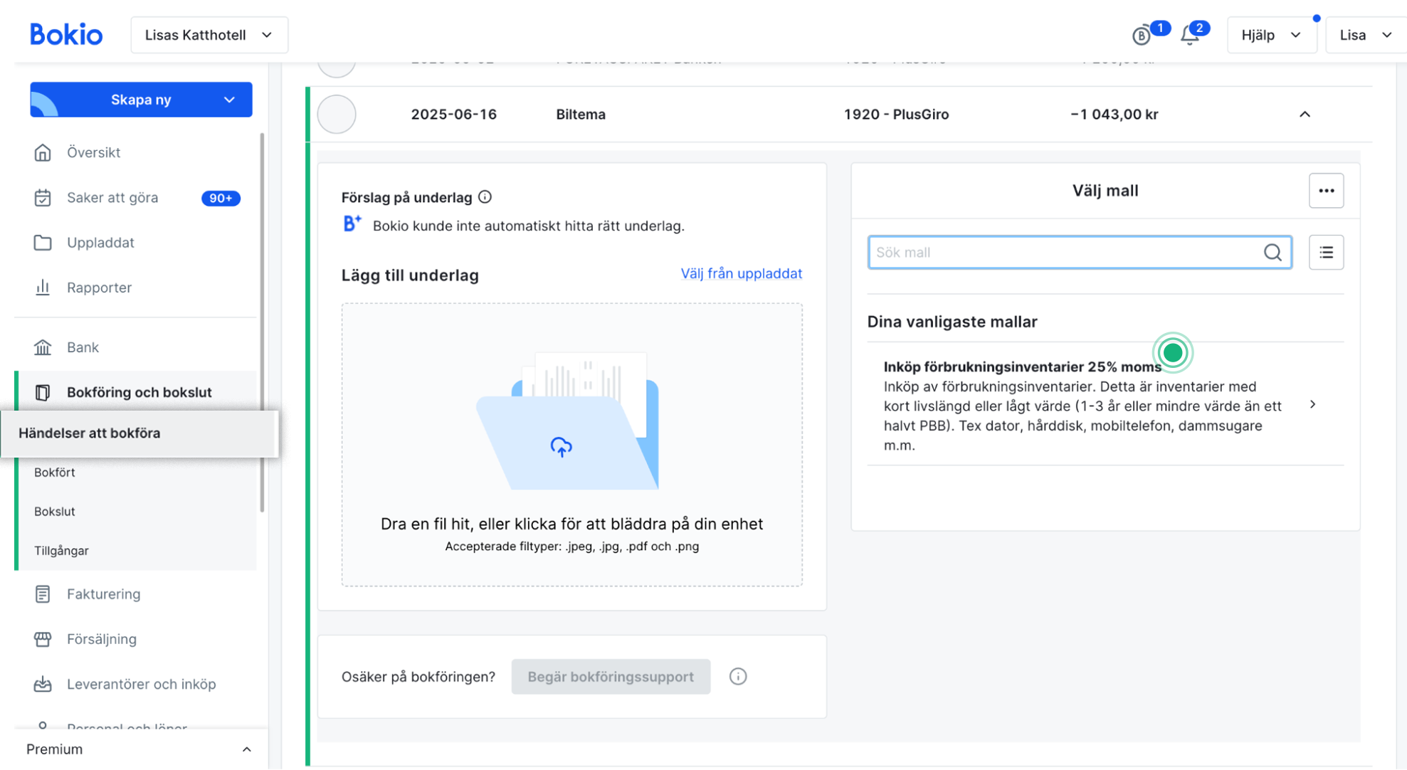 Inköp tjänster händelser att bokföra