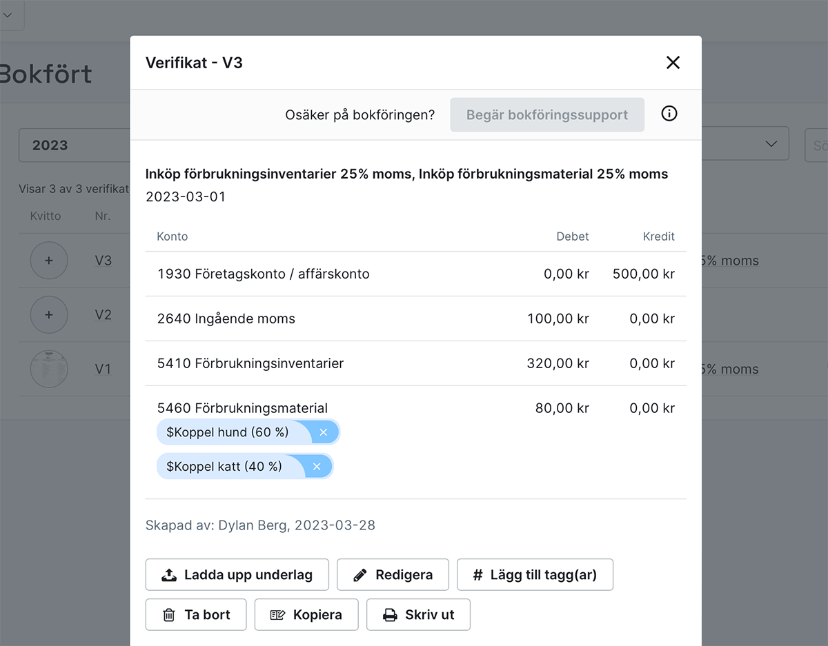 Taggar på ett verifikat