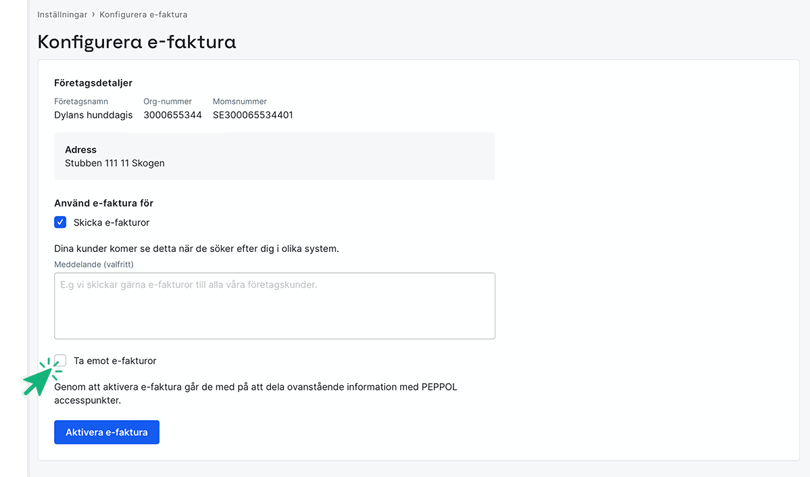 Klicka i Ta emot e-fakturor