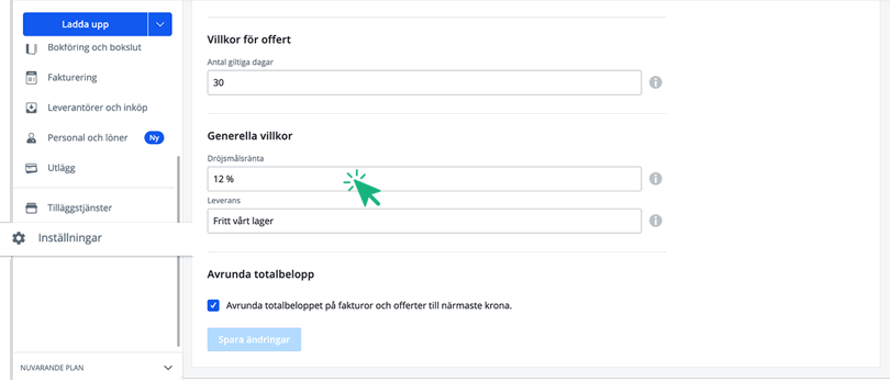 Ändra dröjsmålsränta under inställningar
