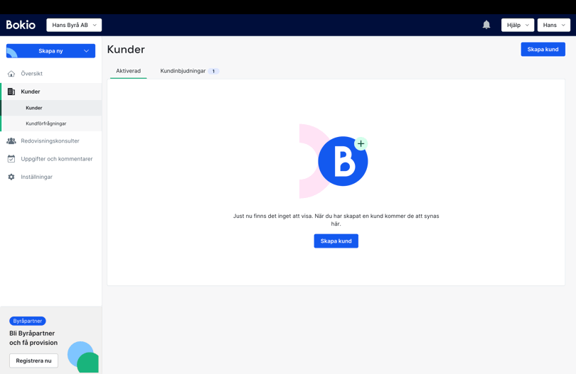 Start - Skapa kunder i Bokio Byrå