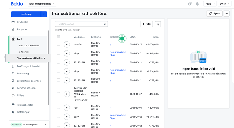 Transaktioner att bokföra