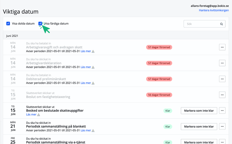 Visa dolda och färdiga datum