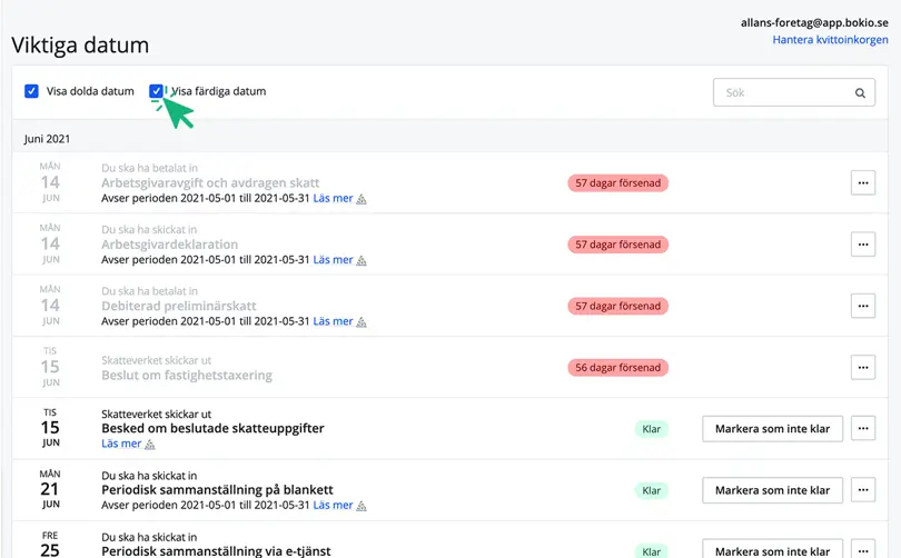 Visa dolda och färdiga datum