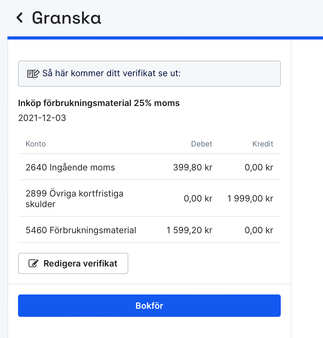 Verifikat för bokföring av inköp med kreditkort
