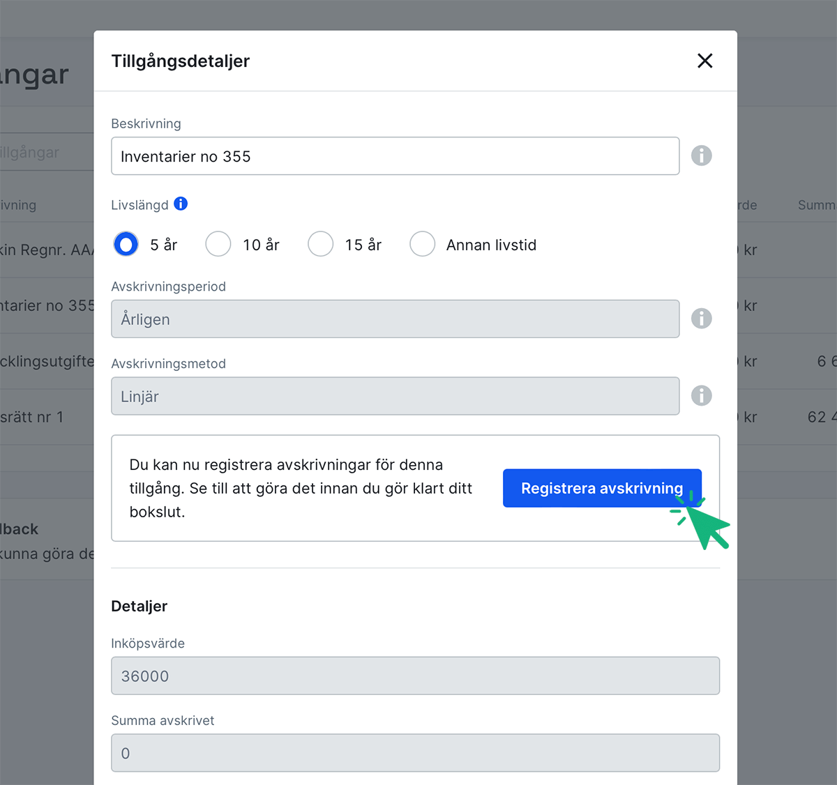 Klicka på Registrera avskrivning