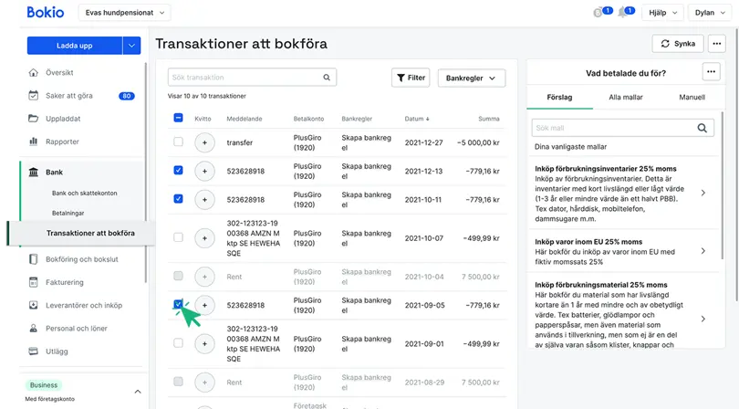 Välj vilka transaktioner som du vill bokföra med samma mall