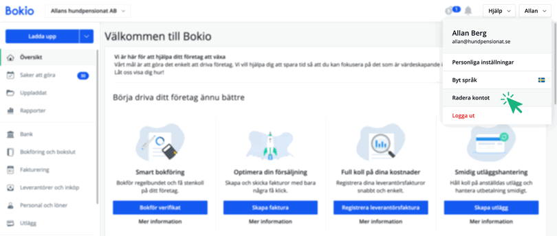 Klicka på Radera kontot