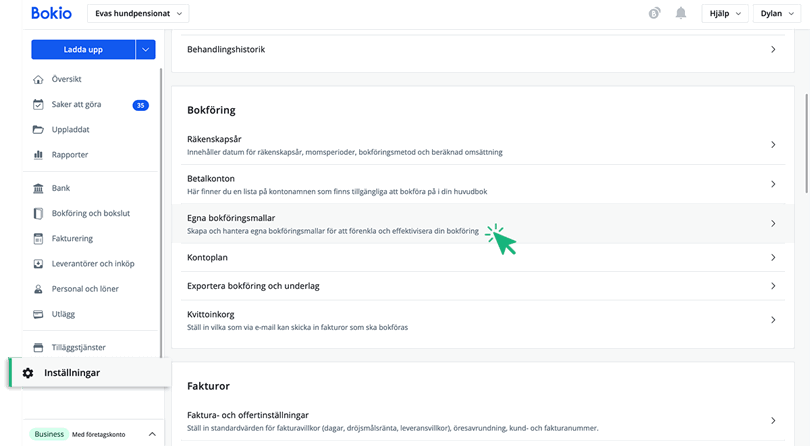 Gå till Egna bokföringsmallar under Inställningar