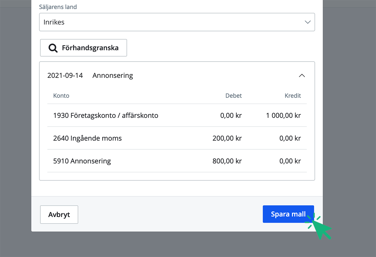 Förhandsgranska verifikat och spara mall