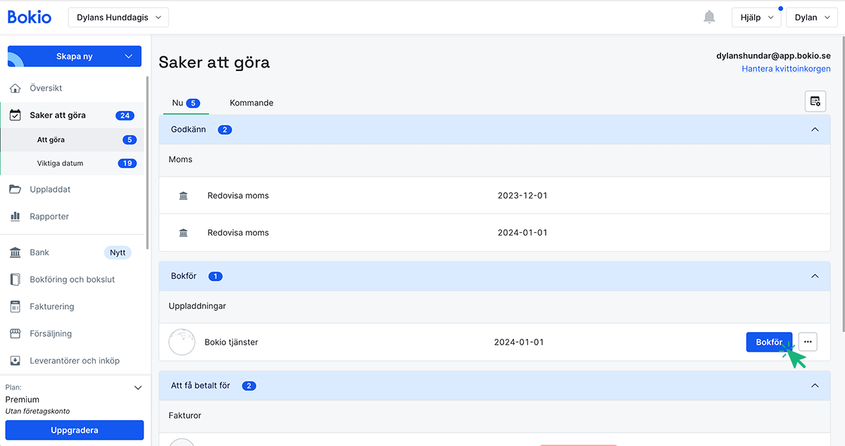 Kvittot finns i din Att göra-lista, klicka på Bokför.