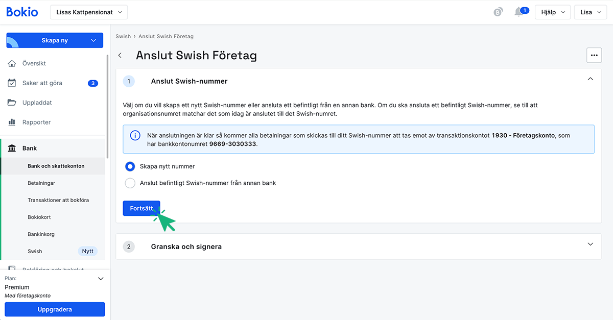 Välj om du vill ha nytt Swish-nummer eller ansluta ett befintligt