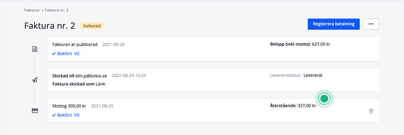 Delbetald, återstående belopp.